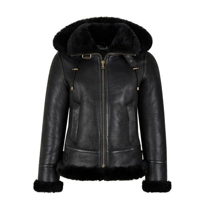 WOMENS B3 BOMBER HOODED CLASSIC BLACK SHEARLING JACKET - Leather Loom