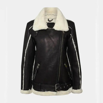 WOMEN’S BLACK OVERSIZED SHEARLING LEATHER JACKET - Leather Loom