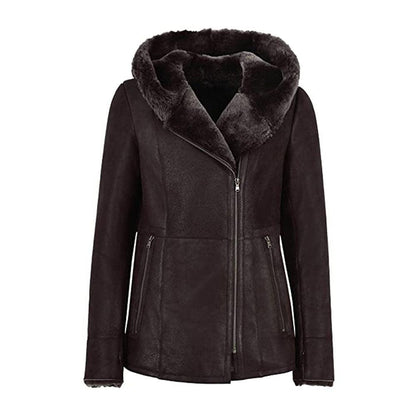 WOMENS HOODED FUR SHEARLING LONG JACKET - Leather Loom