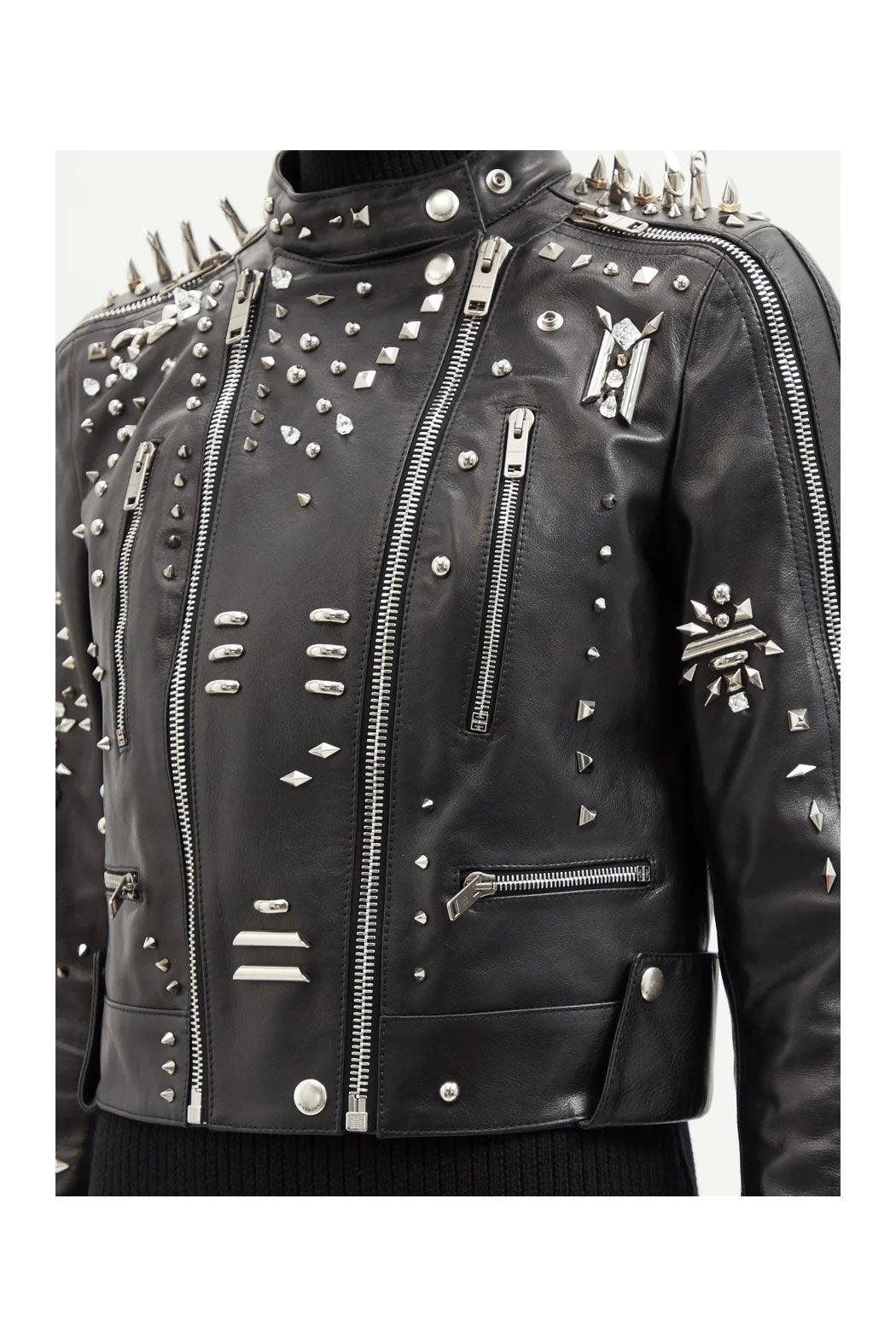 Black Women style Silver Long Spiked Studded Motorcycle Leather Jacket - Leather Loom