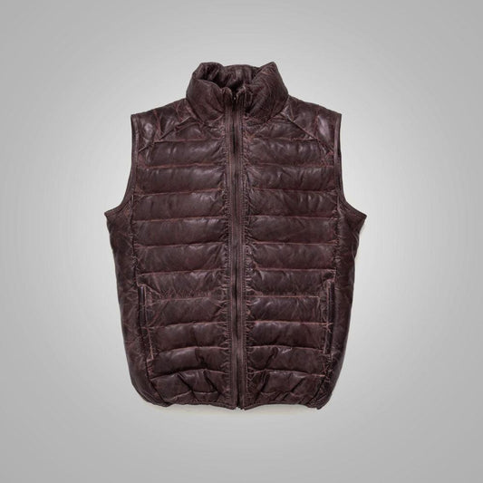 Mens Dark Brown Bubble Leather Down Vest - Leather Loom