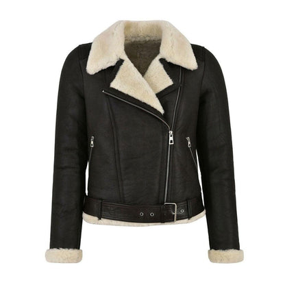 WOMENS GENUINE LEATHER FAUX FUR SHEARLING BIKER JACKET - Leather Loom