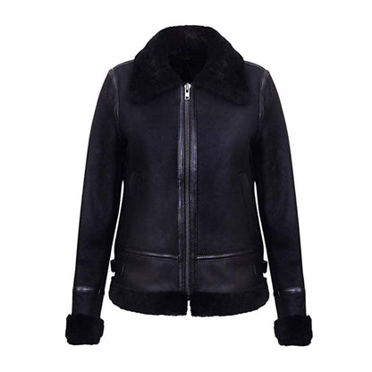 WOMENS BLACK AVIATOR BIKER GENUINE SHEEPSKIN SHEARLING LEATHER JACKET - Leather Loom