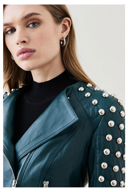 Women Chocolat Green Style Silver Spiked Studded Retro Motorcycle Leather Jacket - Leather Loom