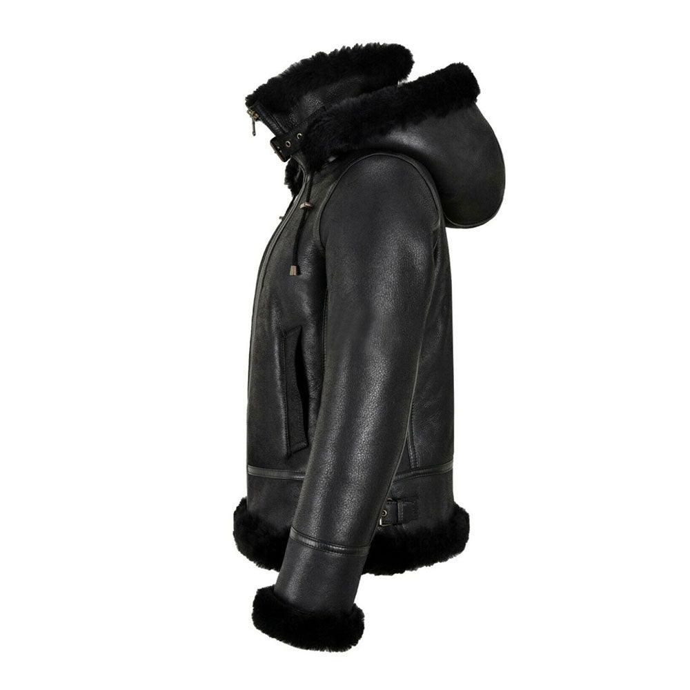 WOMENS B3 BOMBER HOODED CLASSIC BLACK SHEARLING JACKET - Leather Loom
