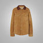 Women's Camel Suede Shearling With Classic Flap Pockets Leather Shirt - Leather Loom