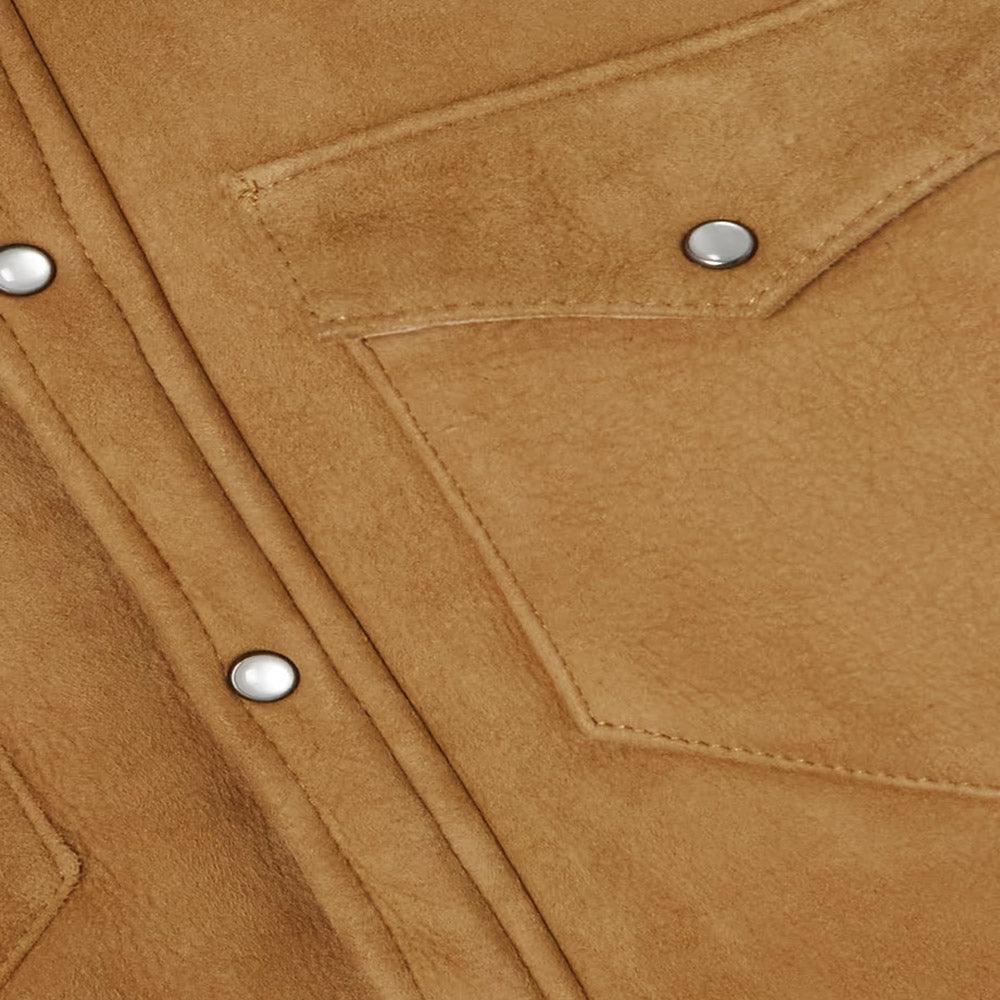 Women's Camel Suede Shearling With Classic Flap Pockets Leather Shirt - Leather Loom