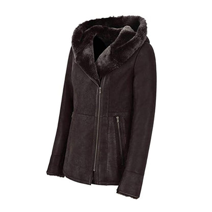 WOMENS HOODED FUR SHEARLING LONG JACKET - Leather Loom