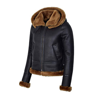 WOMENS BLACK HOODED B3 FLYING SHEARILING JACKET - Leather Loom