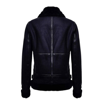 WOMENS BLACK AVIATOR BIKER GENUINE SHEEPSKIN SHEARLING LEATHER JACKET - Leather Loom