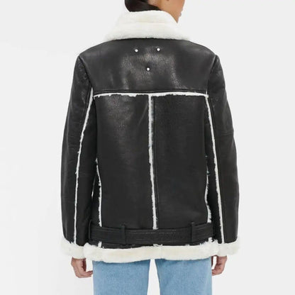 WOMEN’S BLACK OVERSIZED SHEARLING LEATHER JACKET - Leather Loom