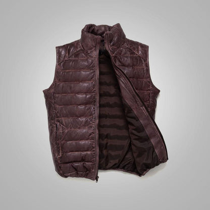 Mens Dark Brown Bubble Leather Down Vest - Leather Loom