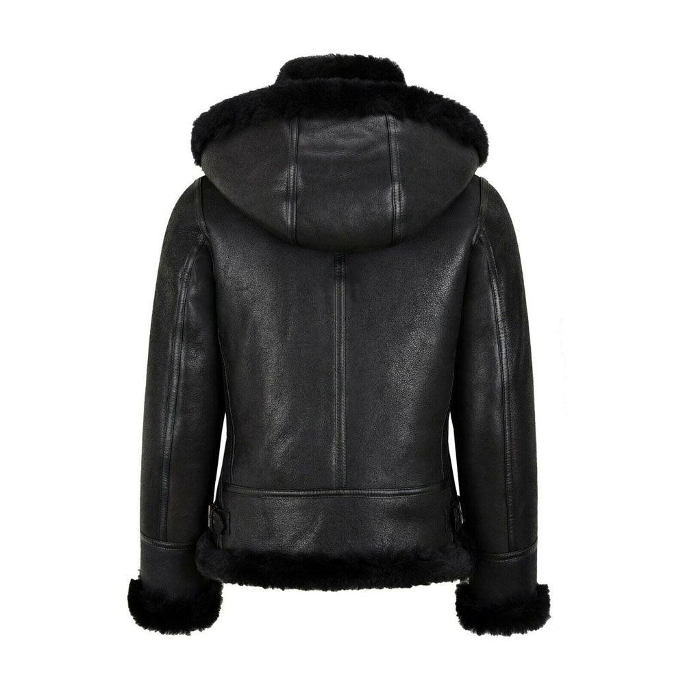 WOMENS B3 BOMBER HOODED CLASSIC BLACK SHEARLING JACKET - Leather Loom