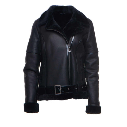 Tasha's B-3 Bomber Black Sheepskin Shearling Style Jacket For Women - Leather Loom