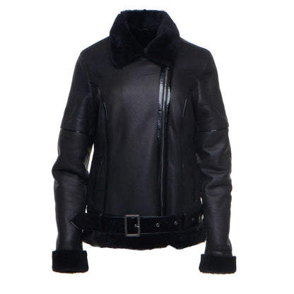 Tasha's B-3 Bomber Black Sheepskin Shearling Style Jacket For Women - Leather Loom