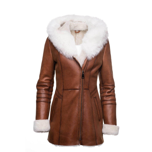 Tan Shearling coat with fox fur trim Hoodie - Leather Loom