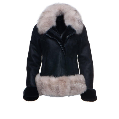 Black Shearling Sheepskin Jacket with Fox fur trim For Women - Leather Loom