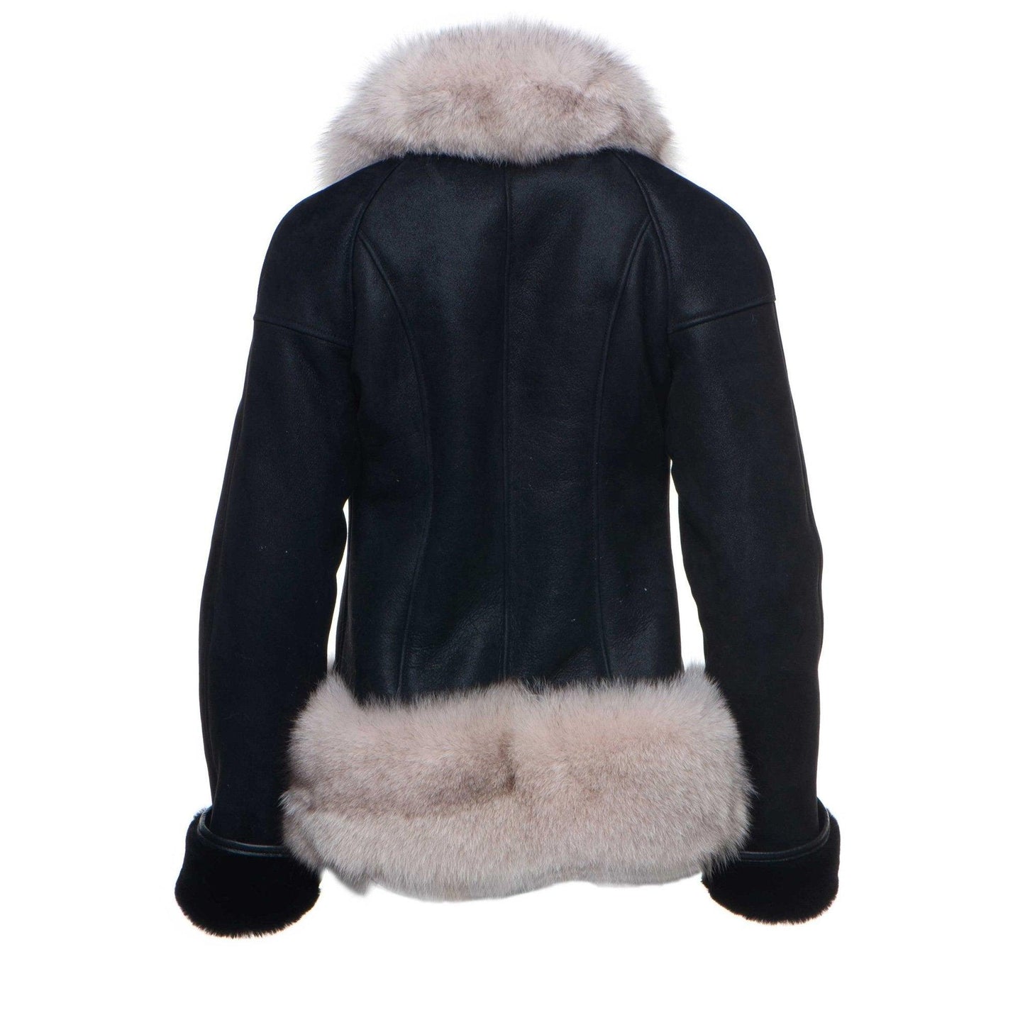 Black Shearling Sheepskin Jacket with Fox fur trim For Women - Leather Loom