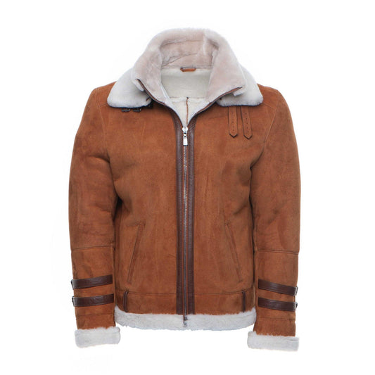Hagan's Tan Bomber Suede Aviator Shearling Jacket - Leather Loom