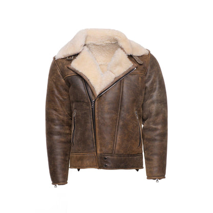 Distressed Biker bomber shearling jacket with notch lapels - Leather Loom