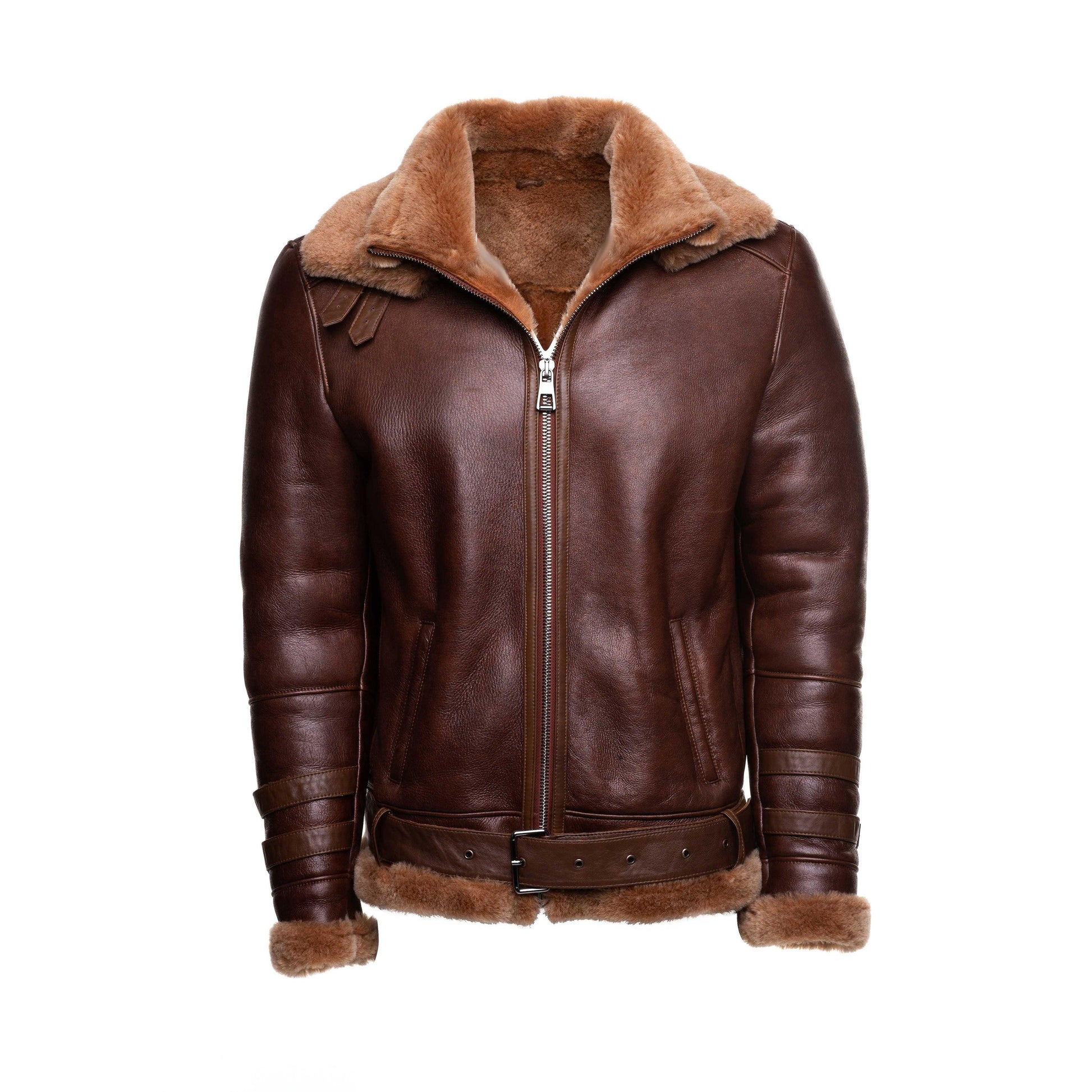 Phan's Aviator Brown bomber shearling jacket with a waist belt - Leather Loom