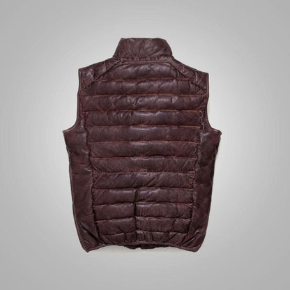 Mens Dark Brown Bubble Leather Down Vest - Leather Loom