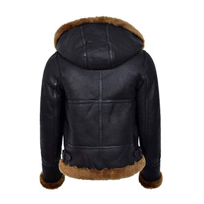 WOMENS BLACK HOODED B3 FLYING SHEARILING JACKET - Leather Loom