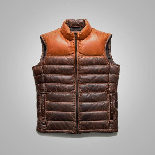 Mens Brown Genuine Bubble Leather Down Vest - Leather Loom