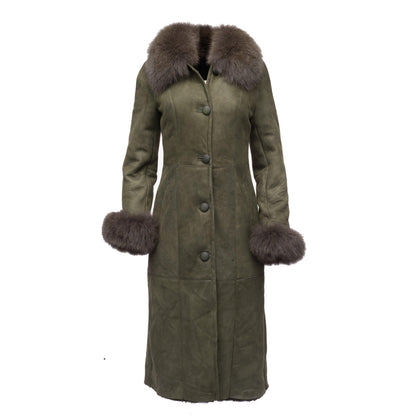 Caitlan's Shearling Sheepskin Long Coat with Fox Fur Trim - Leather Loom