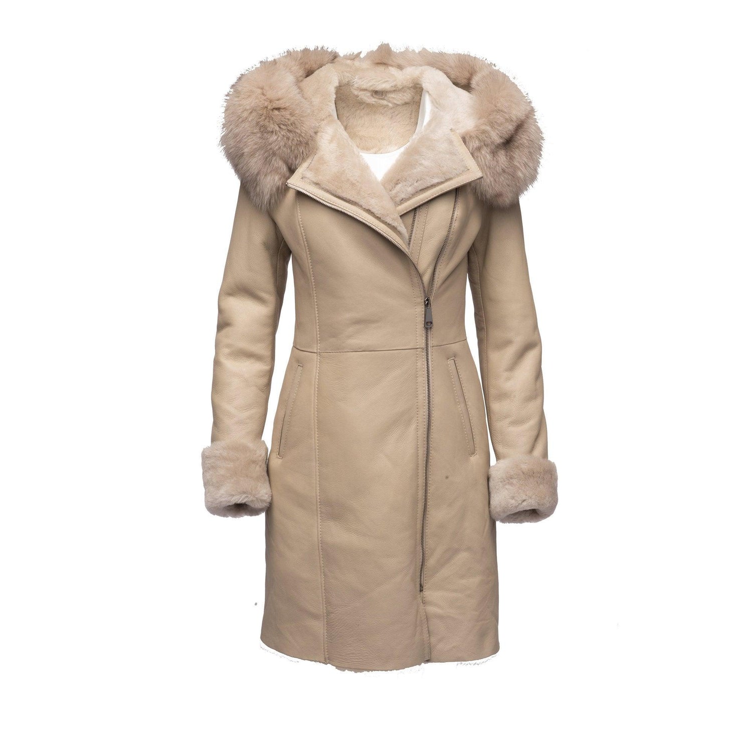 Gracie's Hooded Shearling Sheepskin fox fur Jacket - Leather Loom