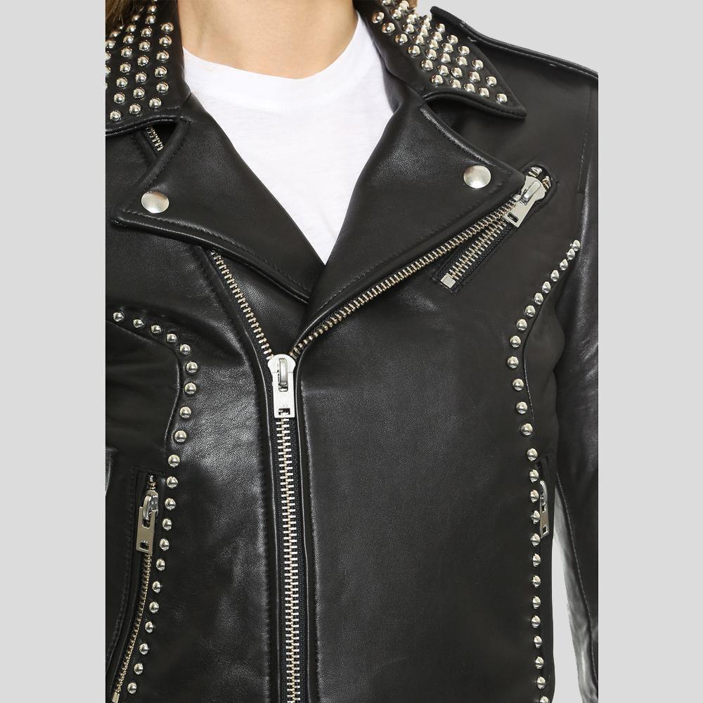 Amia Black Studded Leather Jacket - Leather Loom
