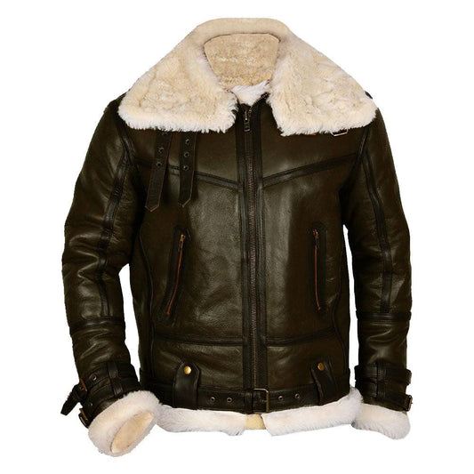 Army Green Men B3 Bomber Shearling Leather Jacket - Leather Loom