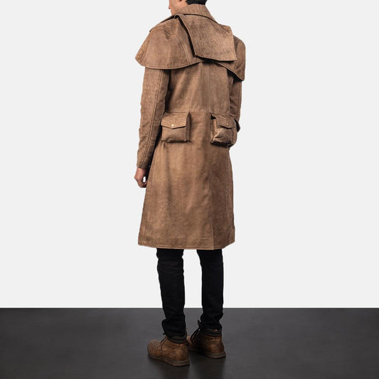 Army Brown Sheepskin Leather Duster Coat - Leather Loom