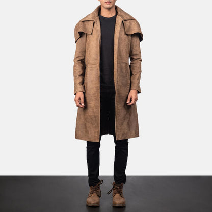 Army Brown Sheepskin Leather Duster Coat - Leather Loom