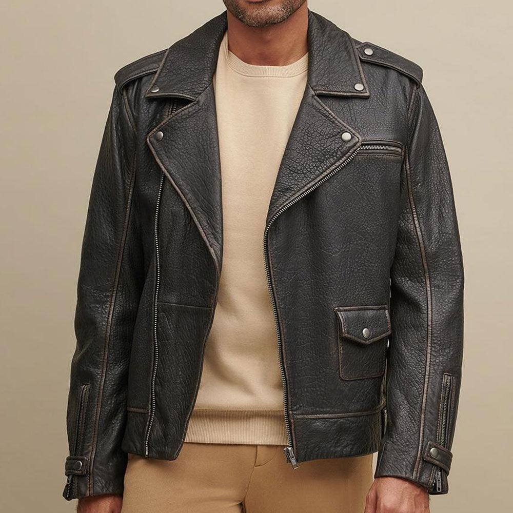 Men's Asymmetrical Leather Biker Jacket - Leather Loom