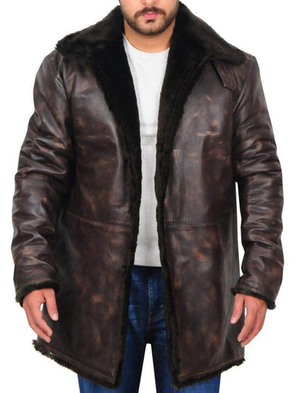 Men Distressed Brown Fur Collar Jacket - Leather Loom