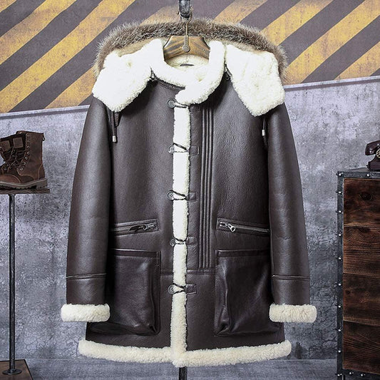 B3 Bomber Jacket Hooded Leather Jacket Shearling Coat Mens Brown - Leather Loom