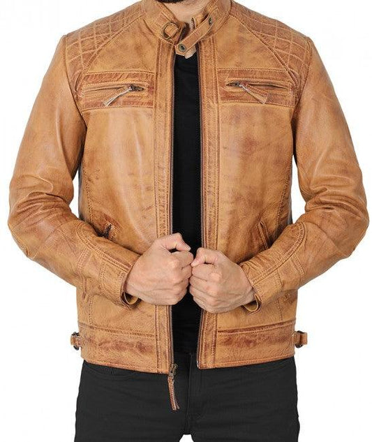 Johnson Camel Quilted Leather Motorcycle Jacket - Leather Loom