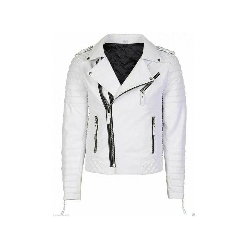 White Leather Biker Jacket Mens Double Breast Style - Leather Loom