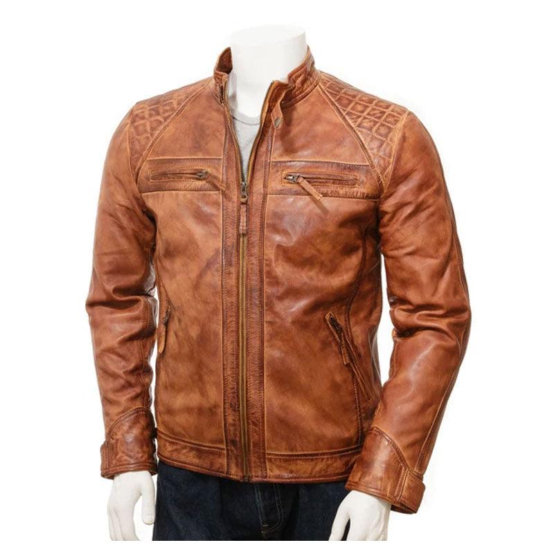 Mens Tan Leather Biker Jacket - Leather Loom