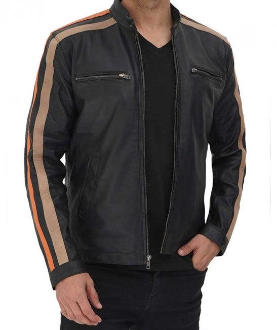 Harland Stripe Black Leather Cafe Racer Style Jacket for Men - Leather Loom
