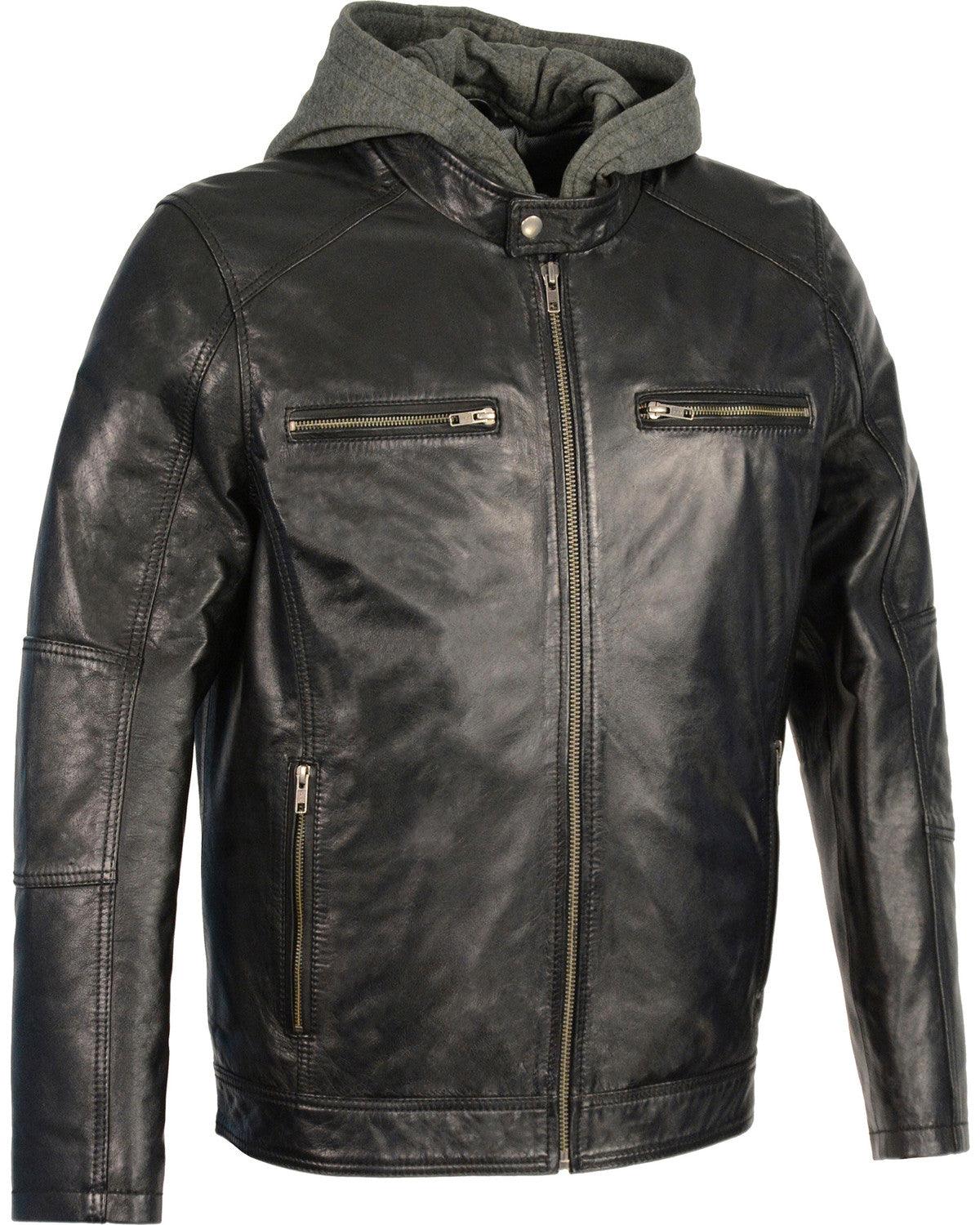 Men's Snap Collar Leather Moto Jacket w/ Removable Hood - Leather Loom