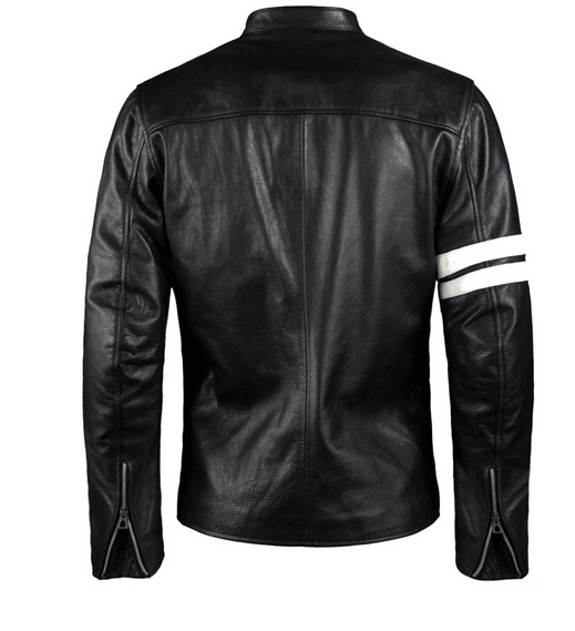 Mens Black Leather Biker Jacket With White Stripes - Leather Loom