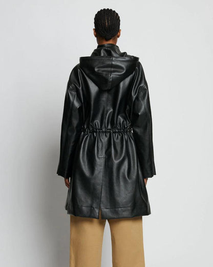 Black Hooded Sheepskin Leather Trench Duster Coat - Leather Loom