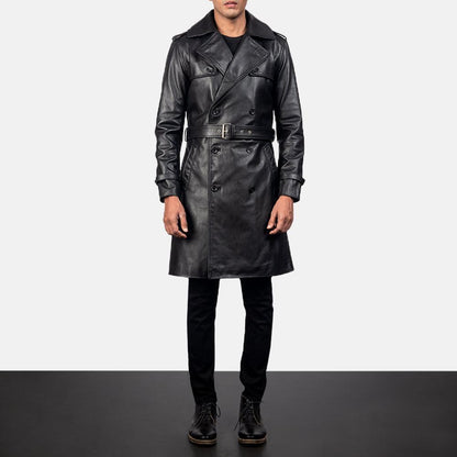 Mens Black Sheepskin Leather Duster Belted Coat - Leather Loom