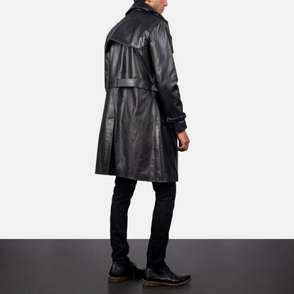 Mens Black Sheepskin Leather Duster Belted Coat - Leather Loom