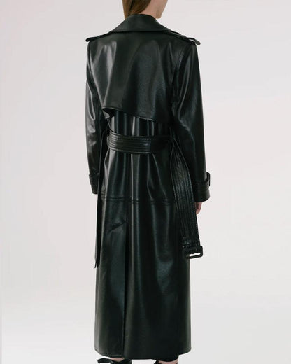 Black Sheepskin Duster Leather Trench Coat - Leather Loom