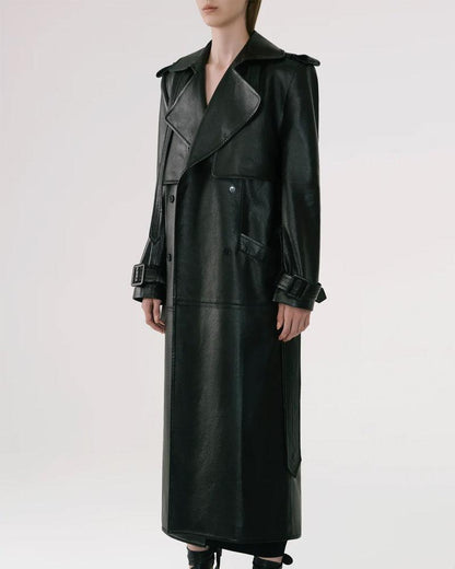 Black Sheepskin Duster Leather Trench Coat - Leather Loom