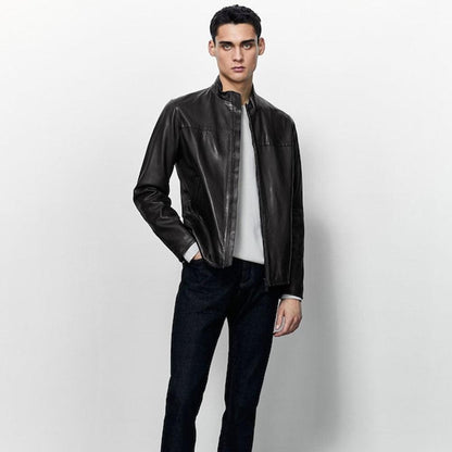 Black Sheepskin Leather Biker Jacket For Men - Leather Loom