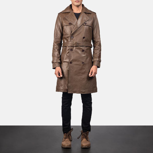 Mens Brown Sheepskin Leather Duster Coat - Leather Loom